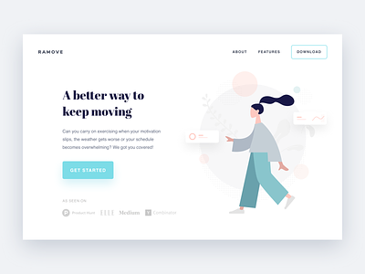 Ramove Header clean design homepage illustration interface landing layout minimal move moving teal ui ux website white woman