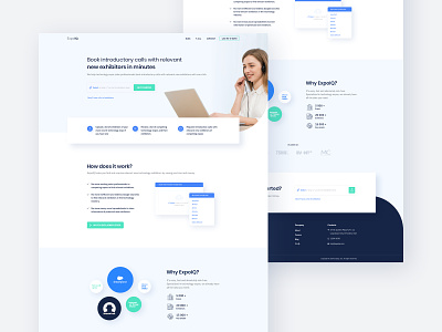ExpoIQ - Homepage Design blue clean clients design exhibition exhibitor expo home illustration interface landing layout logos minimal ui ux web webapp website white