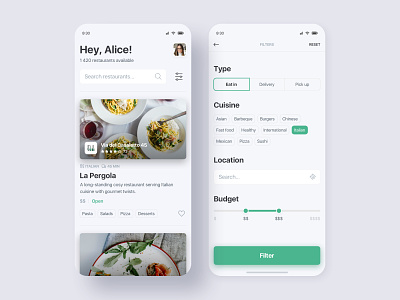 Restaurants App app cards clean delivery filters food green interface ios minimal mobile restaurant slider tags ui ux