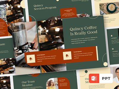Quincy - Coffee Shop Presentation Template agency business capuchino coffe shop coffee company creative data report ecommerce elegant entrepreneur espresso