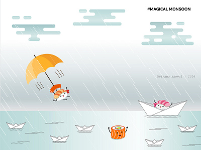 MAGICAL MONSOON cloud fish monsoon ocean paper boat parachute rain rainy sushi umbrella vishnu khowal weather