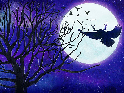 Surreal antler moon night owl silhouette surreal