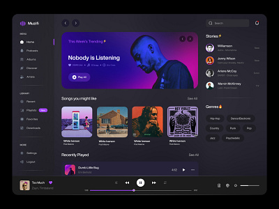 Music & Podcasts Dashboard | Dark edition