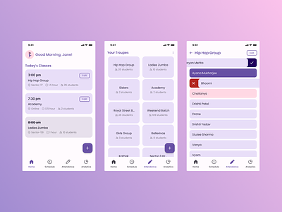 Dance Class Management App attendance app class management app class management system class management ui college daily challenge dance dance class design design challenge e learning education app lms school ui ui design ux