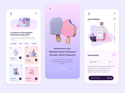 An app for the beloved twins' wonder witch products! 3ddesign app branding concept design explore icon illustration magic minimalist mobile mobileapp trend ui uiux valentines vectors
