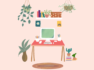 A work from home desk setup art chalky colorpalette concept cozy design explore graphic ill illustration illustrationart pink procreate render rough texture ui vector wfh