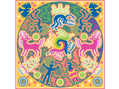 Creation Of Peyote And Corn animals art design digital ethnic art folklore grasshopper hill design huichol illustration mexican symbolism vector