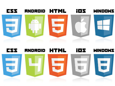 HTML5, CSS3, iOS, Android, Windows applications icons os shields symbols