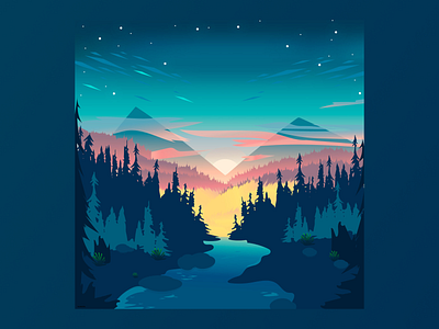 vector illustration of sunset in the mountains