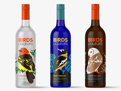 Birds Liqueurs alcohol bird bottle branding identity illustration print