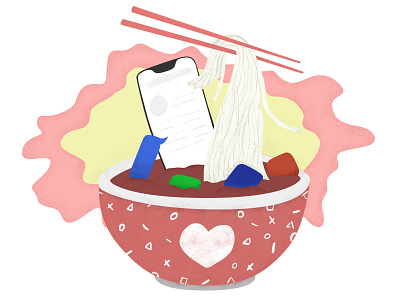 Editoral Illustration - Social media asia bowl chopsticks food illustration noodles phone social media soup