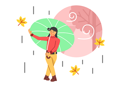 Girl Using Umbrella in Rainy Flat Illustration autumn design fall flat design flat illustration girl graphic design illustration maple ui umbrella vector