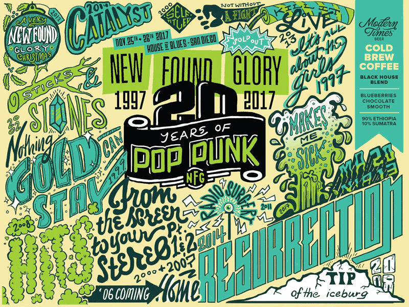 20th Anniversary - New Found Glory Collaboration Crowlers beer branding brewing coffee cold brew coffee colorful craft beer crowler design energetic fun green hand drawn hand drawn illustration pop punk red type typography