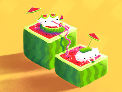🍉 🍉 🍉 beach cat cute illustration kitten kitty summer sunbath watermelon watermelon sugar watermelon sugar high