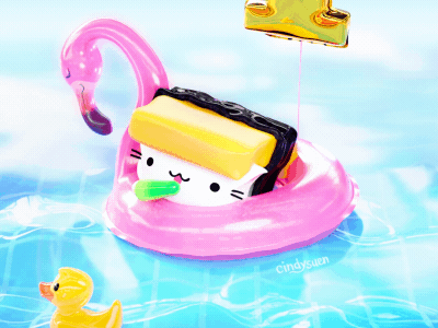 Happy 1st Birthday to Tamago Cat! animated gif animation b3d cat cute flamingo gif kawaii party pool popsicle summer sushi tamago