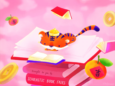 Happy Lunar New Year! animation book chinese year year coin gif lunar new year pink read reading tiger