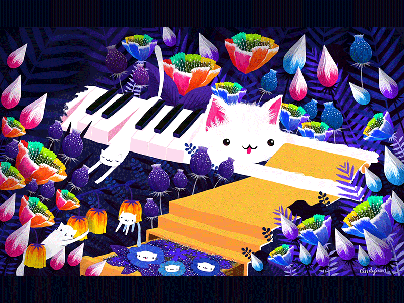 GIF: Piano Cat in the Forest animated gif animation cat floral flower gif music nature piano