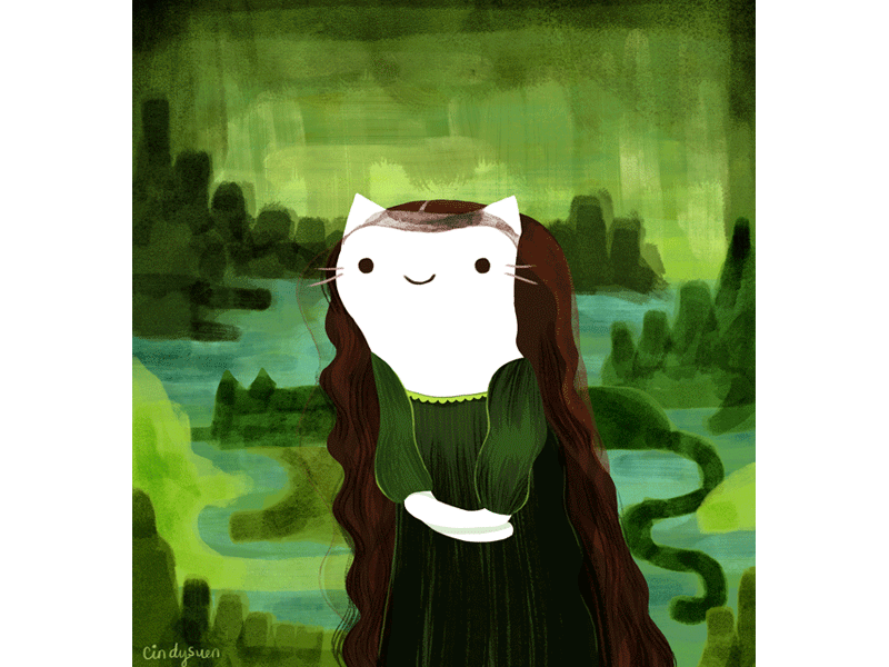 Mona Lisa Cat animated gif animation cat da vinci forest gif green leonardo da vinci mona lisa