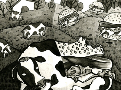 Beeef Burgers!! beef black and white blue devils burger cindy suen cows illustration ink pen trees watercolor