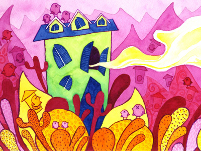 The Wicked House analogous bird house birds blue devils cactus cindy suen house illustration ink smoke trees watercolor