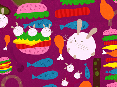 B is for Bunnies & Burgers allover bunnies bunny burger cheese chicken dead fish illustration lettuce pattern potion repeat texture tomato