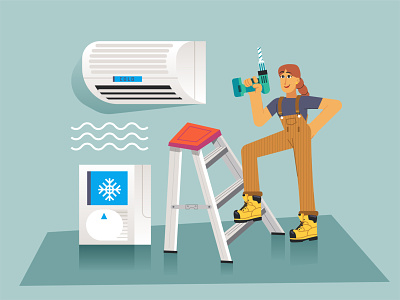 Air Conditiong ❄️ ac air conditioner boots character design characterdesign cold design drill flat girl girl character girl illustration graphic illustration ilustracion lader modern renovations vector woman