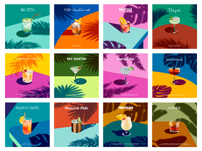 Cocktails of the World 🍹🍸 cocktail cocktail bar cocktails design drink drinks flat graphic icon illustration ilustracion margarita martini modern mojito old fashioned palm poster summer vector