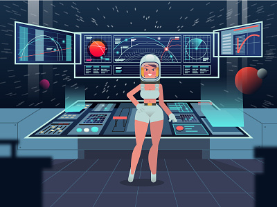Take me to the moon! astronaut black digital editorial girl graphic illustration mission control planet space spaceship vector