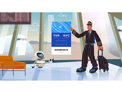Newt Stop: New York New York airport bagpack boarding pass character design design flat graphic graphics illustration ilustracion modern pass pilot pilots plane plane ticket robot ticket vector