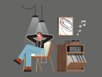 Chilling Scientist abstract chair character design design flat graphic graphics illustration ilustracion listening modern music music album record player retro scientist sitting down vector