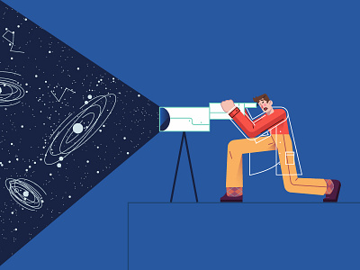 Lost in space character design design flat galaxy graphic graphics guy illustration ilustracion looking man modern scientist space stars telescope vector