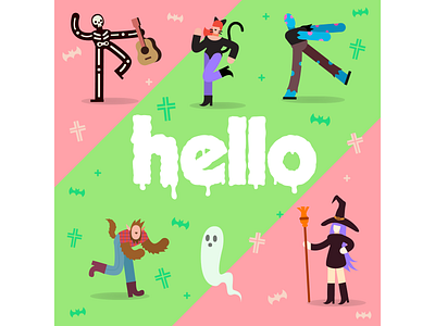 hello... and BOO! 80s retro catwoman character ghost halloween hello pumpkin skeleton spooky werewolf witch zombie