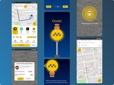 Owlet - App concept for choosing a taxi service app design figma mobile app mobile design taxi taxi app taxi booking app taxi driver taxi search taxi service ui