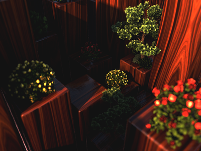 Morning In The Garden 3d c4d composition cube flowers geometry grain light tree wood