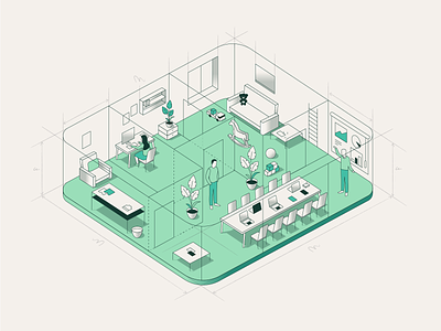 WeWork - Inside Illustration illustraion inside isometric line location office people plan position rooms structure workspace