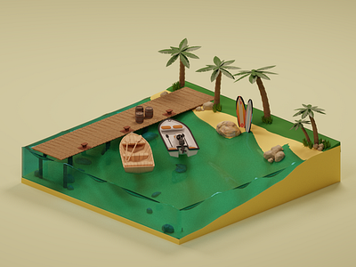 Beach,palms and boat. 3d 3d modeling beach blender design illustration isometric low poly