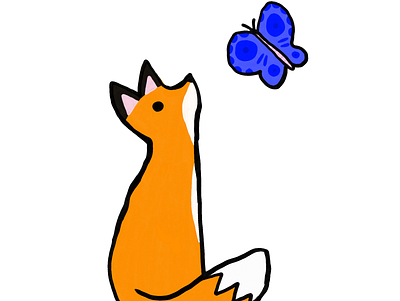 A Fox and Butterfly animal blue butterfly cute fox illustration nature orange simple