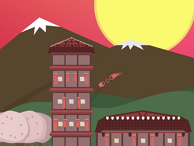 Sakura Temple blossom building design graphic design illustration japan japanese mountain sakura sakura temple sakura tree sunset temple