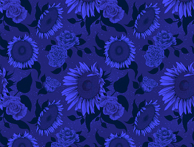 Midnight garden blue design digital drawing floral illustration illustrator pattern pen and ink print surface pattern design vector