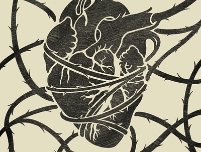 Hold It All Together album art black and white digital growth heart illustration linocut musician procreate resilience rose texture thorns vines