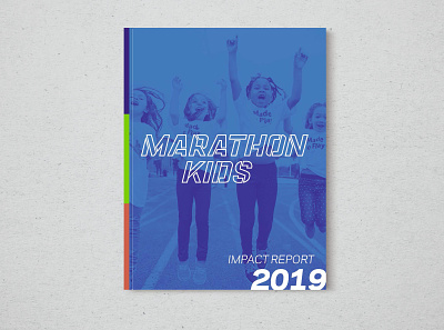 Marathon Kids Impact Report annual report blue design duotone illustration impact layout nonprofit print spread statistics typography