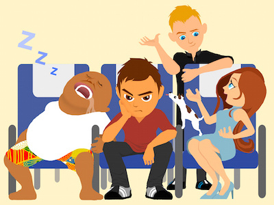 Annoying passengers on an airplane characters humorous magazine photoshop vector