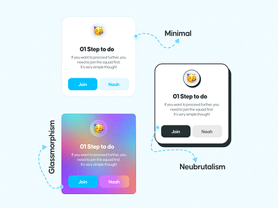 Modal Card in 3 Design - Minimal, Neubrutalism & Glassmorphism