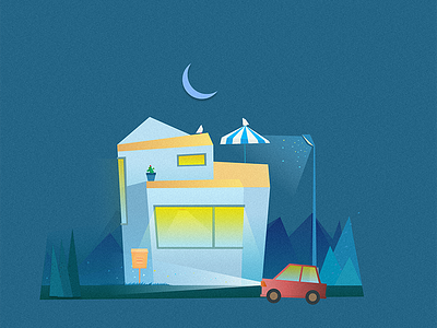 Night bird car design flat house illustration light moon night tree umbrella