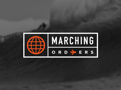 Marching Orders plane aeroplane editorial tag globe ticket stamp travel logo surf