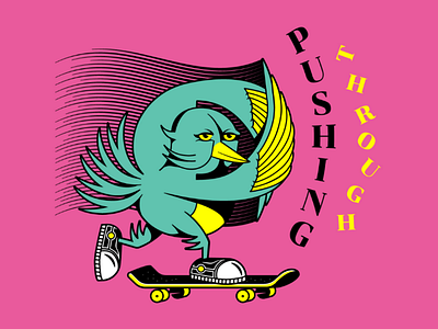 Pushing Through artwork bird design illustration skateboard sneakers typography