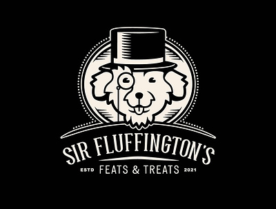 Sir Fluffington's Logo branding design dog face illustration lockups logo monocle symmetrical top hat treats typography