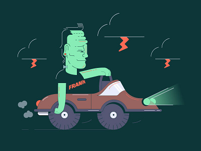 Franky car character frankenstein halloween illustration lightning