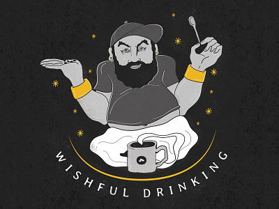 Wishful Drinking B&W aladdin bw coffee cup design doodle genie illustration magic typo