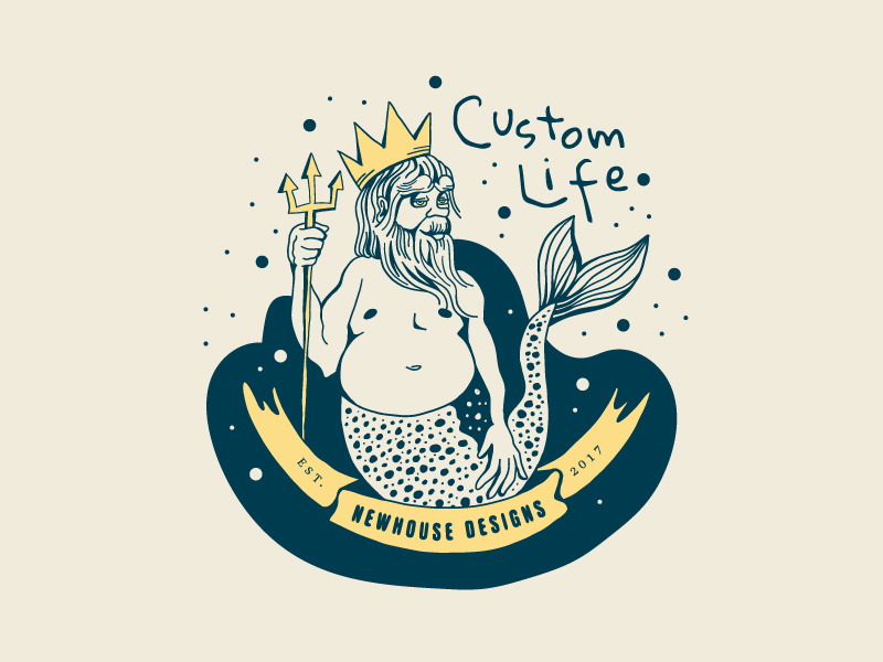 Lazy King banner mermaid merman king crown trident illustration